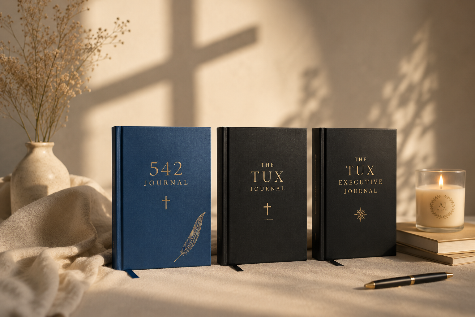 542 Journal and two TUX journals in warm morning light